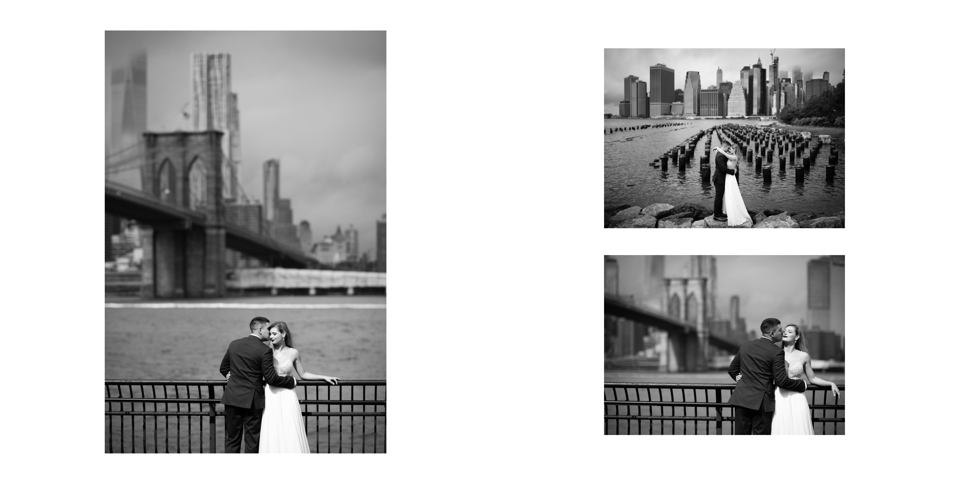 Photo album pages of bride and groom wedding photos on the streets of Brooklyn, NY